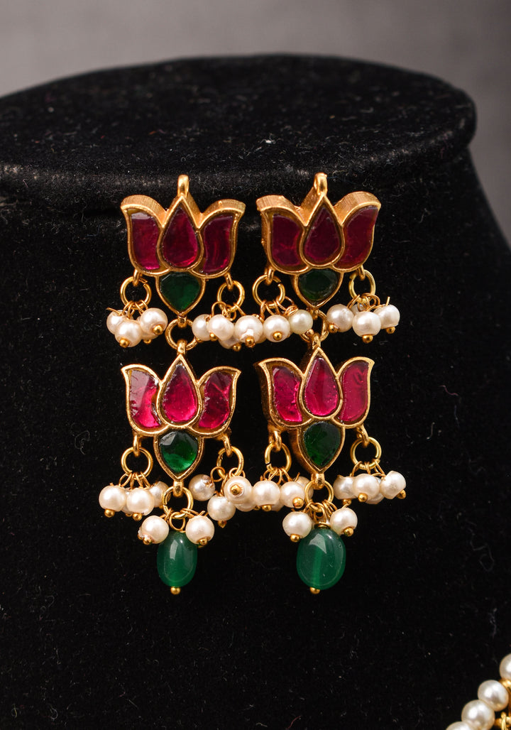 Blooming Lotus Design Necklace Set in Pink with Green and White Dangling Beads | Shobitam Jewelry