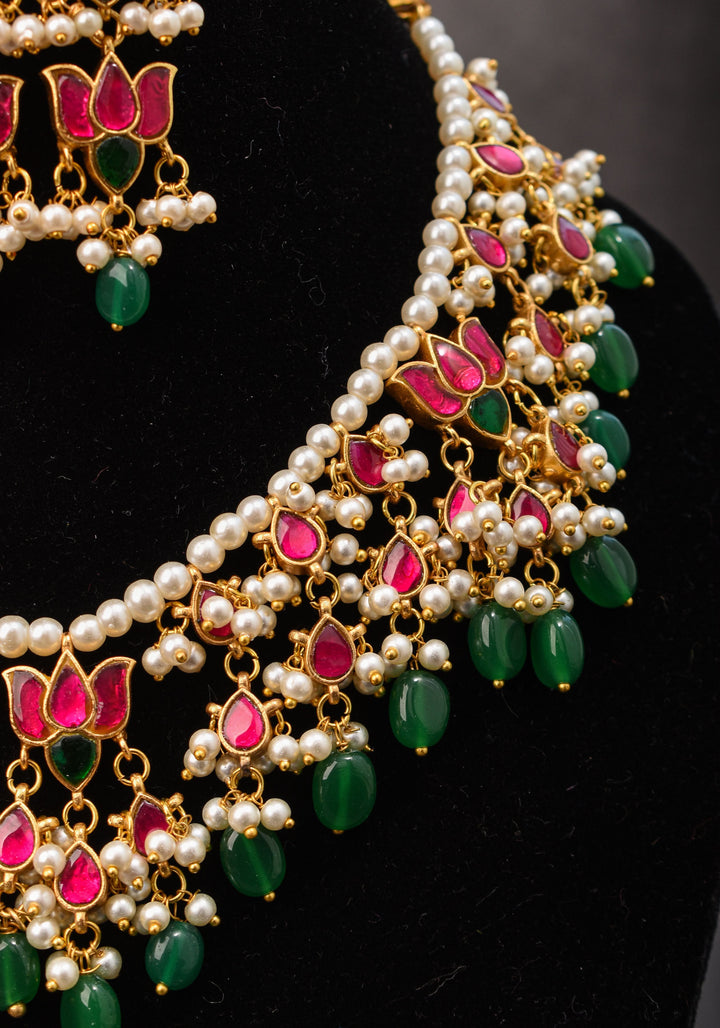 Blooming Lotus Design Necklace Set in Pink with Green and White Dangling Beads | Shobitam Jewelry