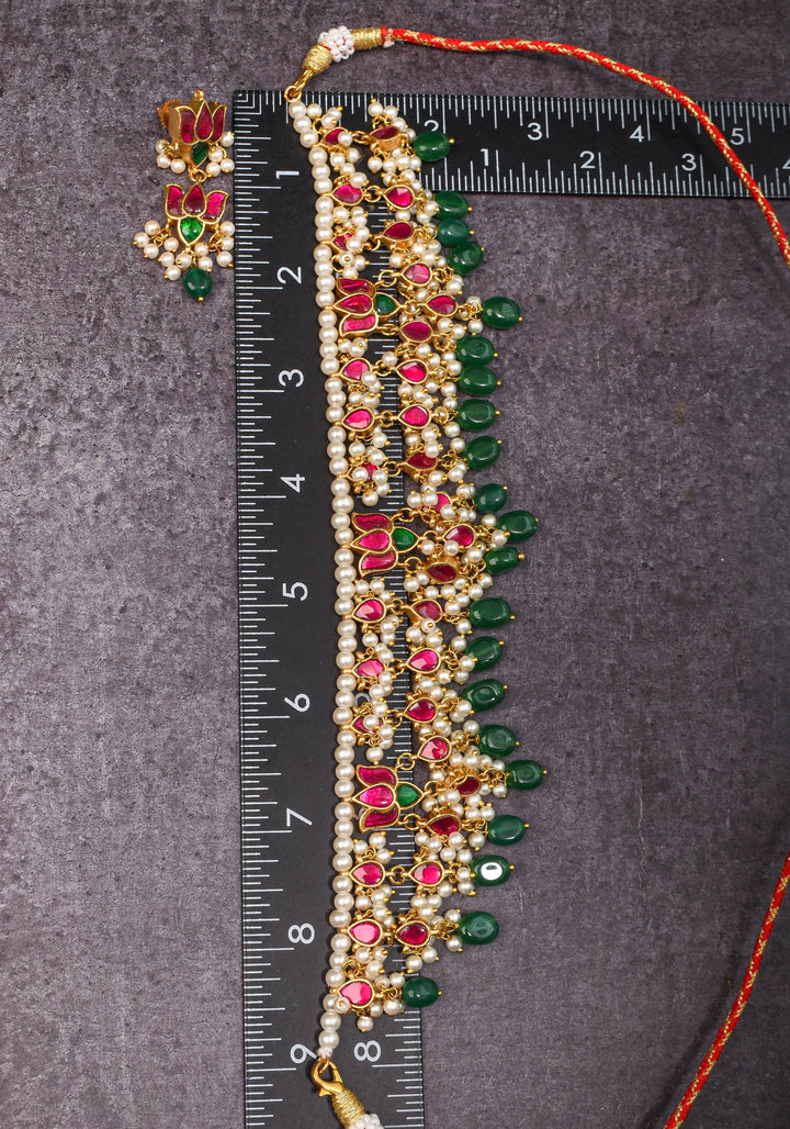 Blooming Lotus Design Necklace Set in Pink with Green and White Dangling Beads | Shobitam Jewelry