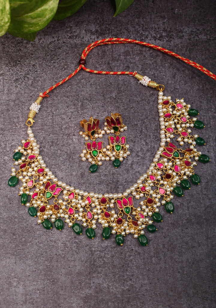 Blooming Lotus Design Necklace Set in Pink with Green and White Dangling Beads | Shobitam Jewelry