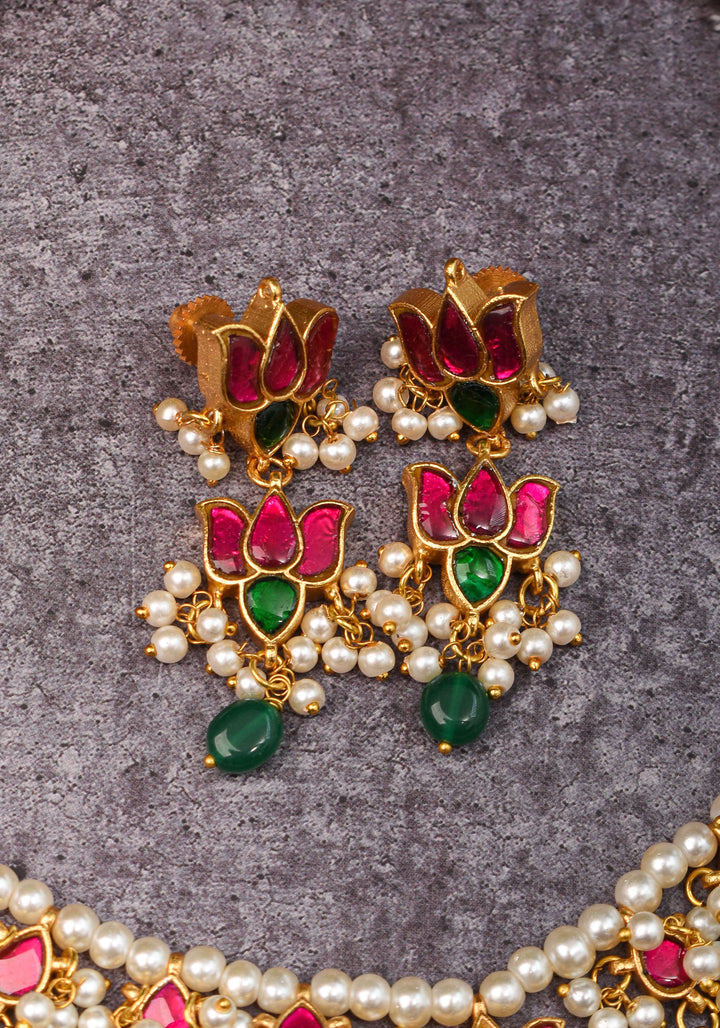 Blooming Lotus Design Necklace Set in Pink with Green and White Dangling Beads | Shobitam Jewelry