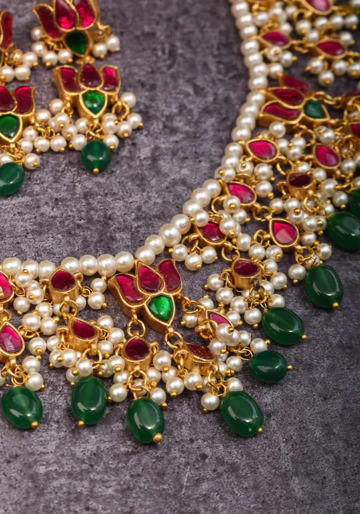 Blooming Lotus Design Necklace Set in Pink with Green and White Dangling Beads | Shobitam Jewelry