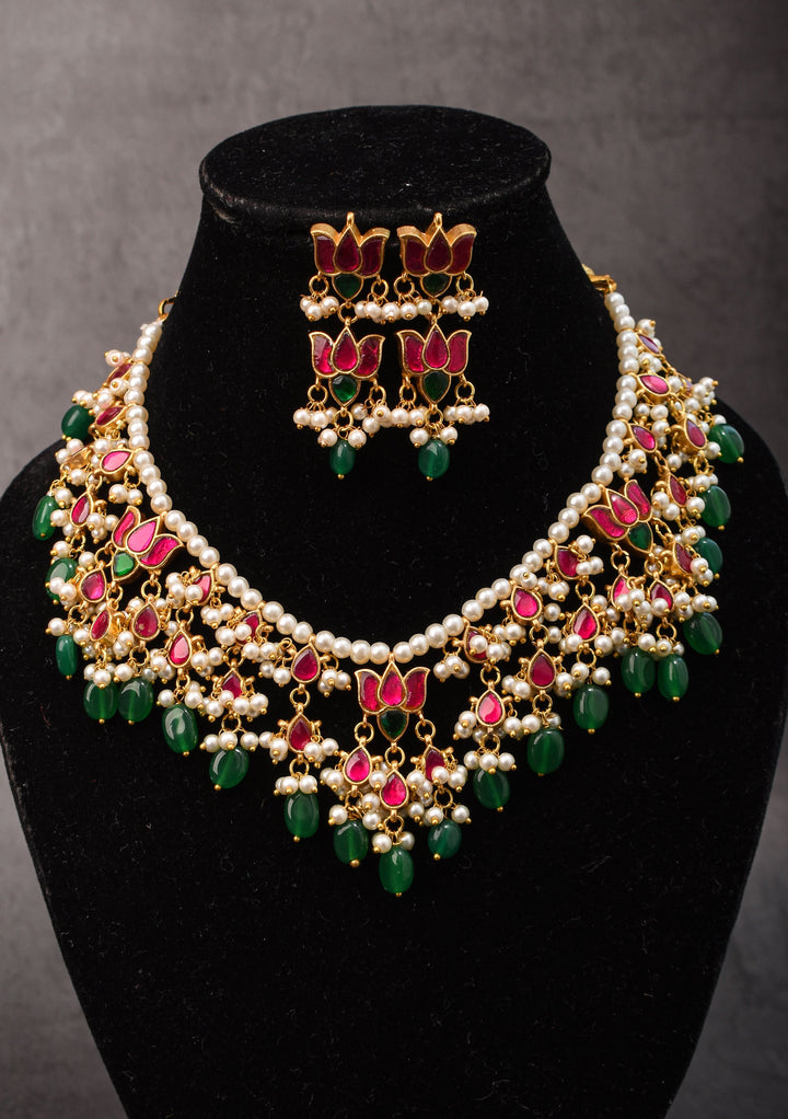Blooming Lotus Design Necklace Set in Pink with Green and White Dangling Beads | Shobitam Jewelry