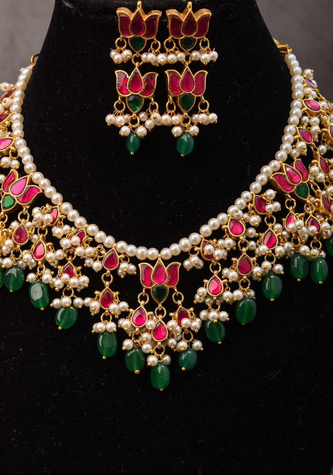 Blooming Lotus Design Necklace Set in Pink with Green and White Dangling Beads | Shobitam Jewelry