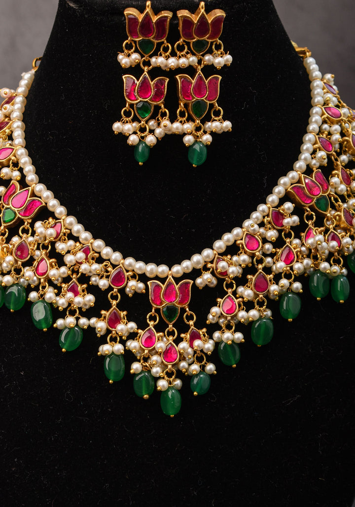 Blooming Lotus Design Necklace Set in Pink with Green and White Dangling Beads | Shobitam Jewelry