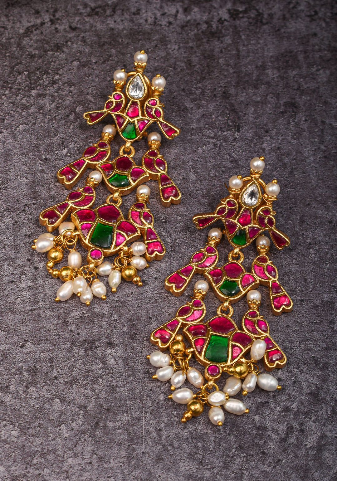 2.75" Layered Pink & Green Stone Peacock Earrings with Dangling White Beads | Shobitam Jewelry