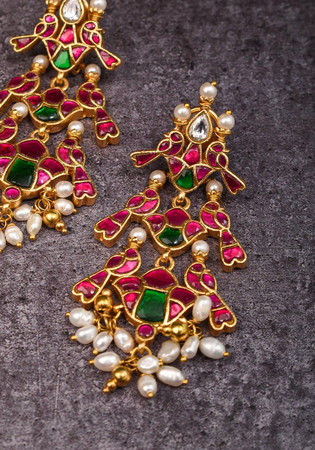 2.75" Layered Pink & Green Stone Peacock Earrings with Dangling White Beads | Shobitam Jewelry