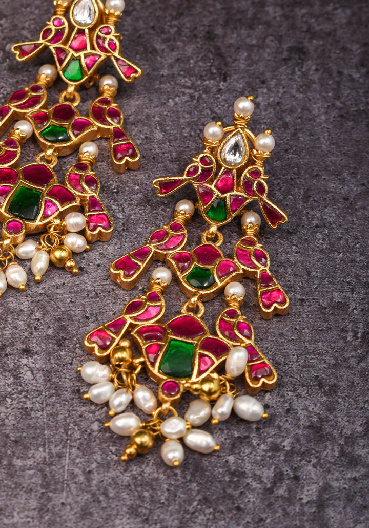 2.75" Layered Pink & Green Stone Peacock Earrings with Dangling White Beads | Shobitam Jewelry