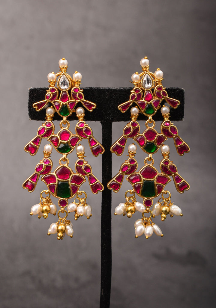 2.75" Layered Pink & Green Stone Peacock Earrings with Dangling White Beads | Shobitam Jewelry