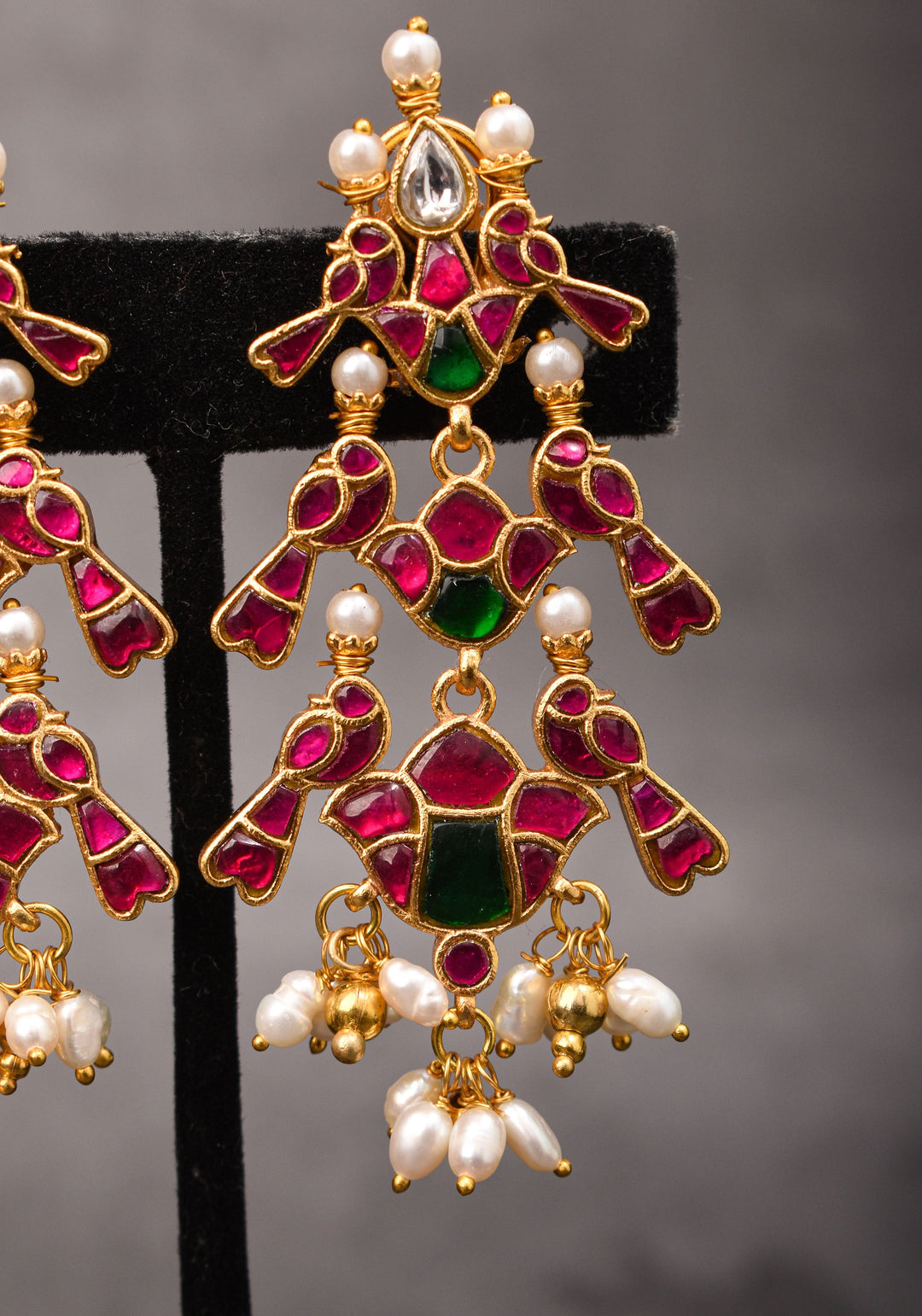 2.75" Layered Pink & Green Stone Peacock Earrings with Dangling White Beads | Shobitam Jewelry