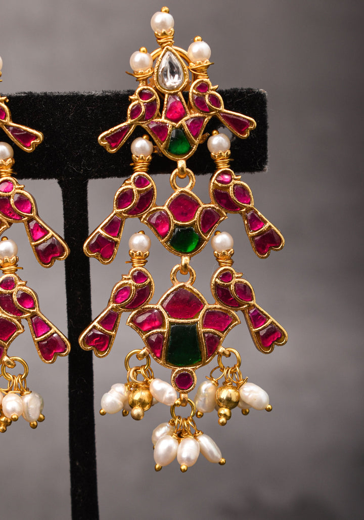 2.75" Layered Pink & Green Stone Peacock Earrings with Dangling White Beads | Shobitam Jewelry