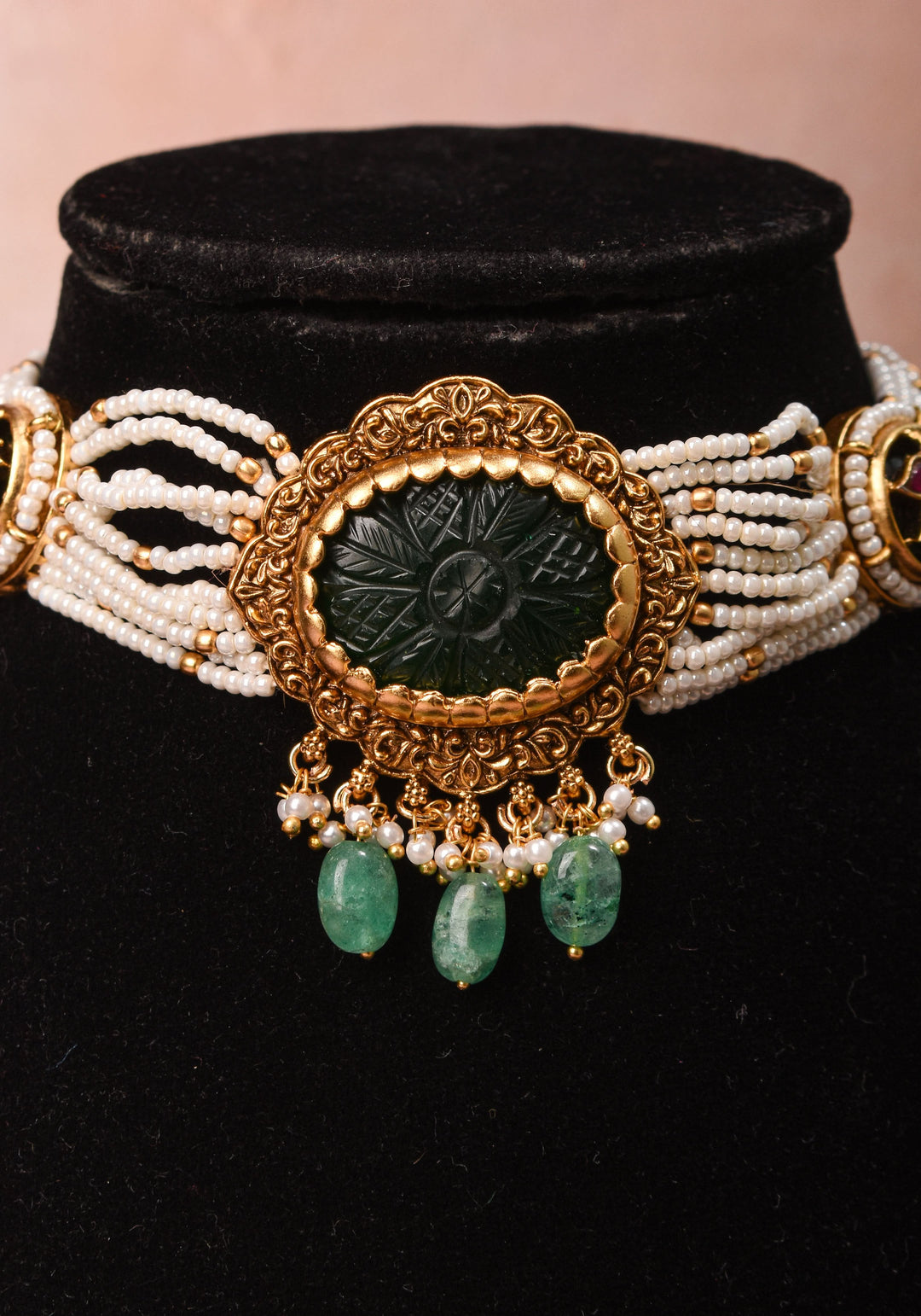 Antique Jadau Choker Set with 9 strand beads and prominent carved Green stone | Shobitam Jewelry
