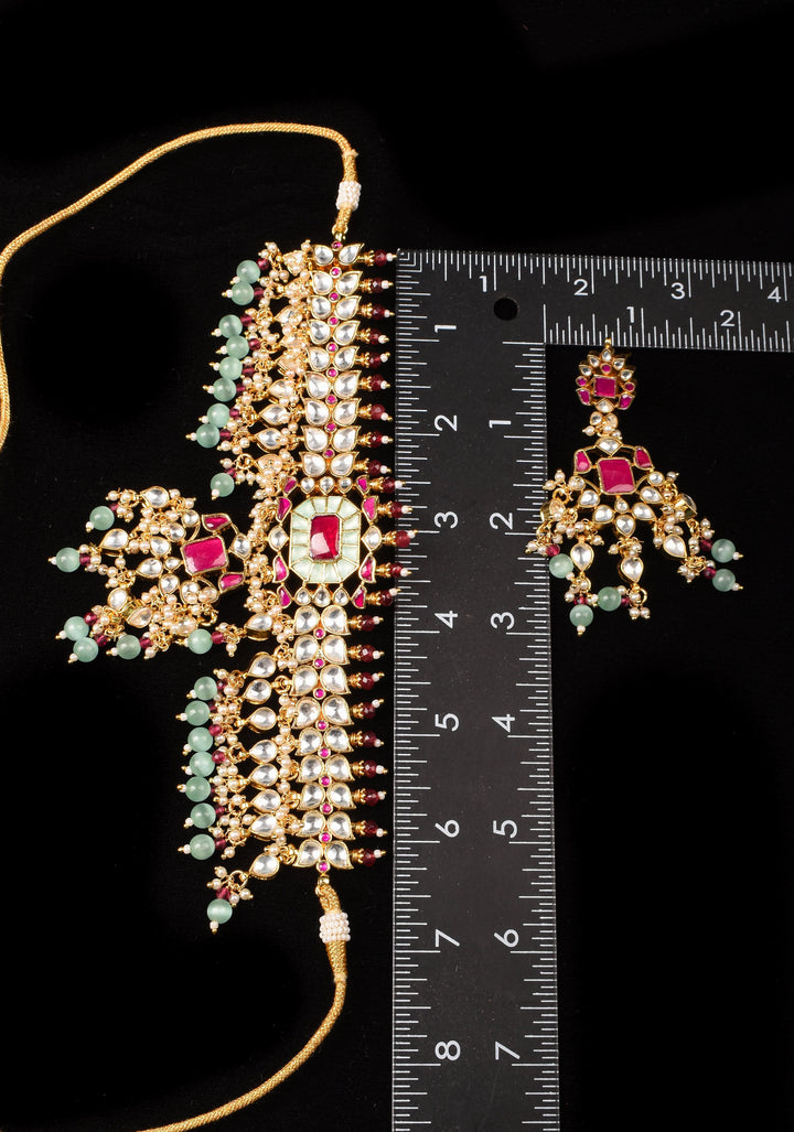 Ahmedabad's Radiance: Jadau Leaf units Design Necklace Set with Dangling beads| Shobitam Jewelry