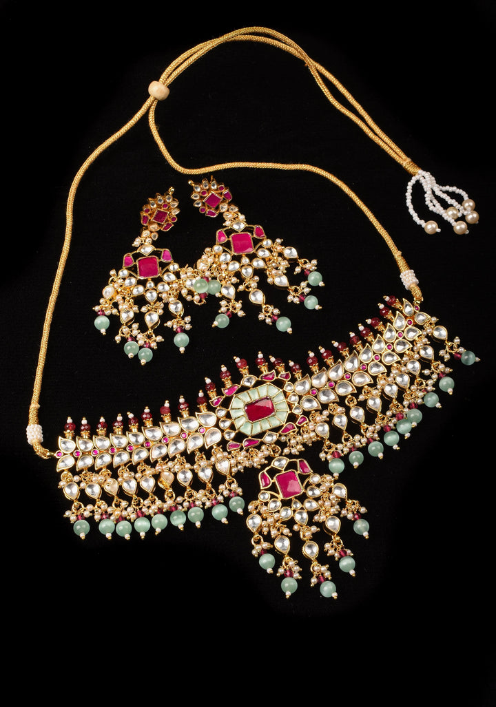 Ahmedabad's Radiance: Jadau Leaf units Design Necklace Set with Dangling beads| Shobitam Jewelry