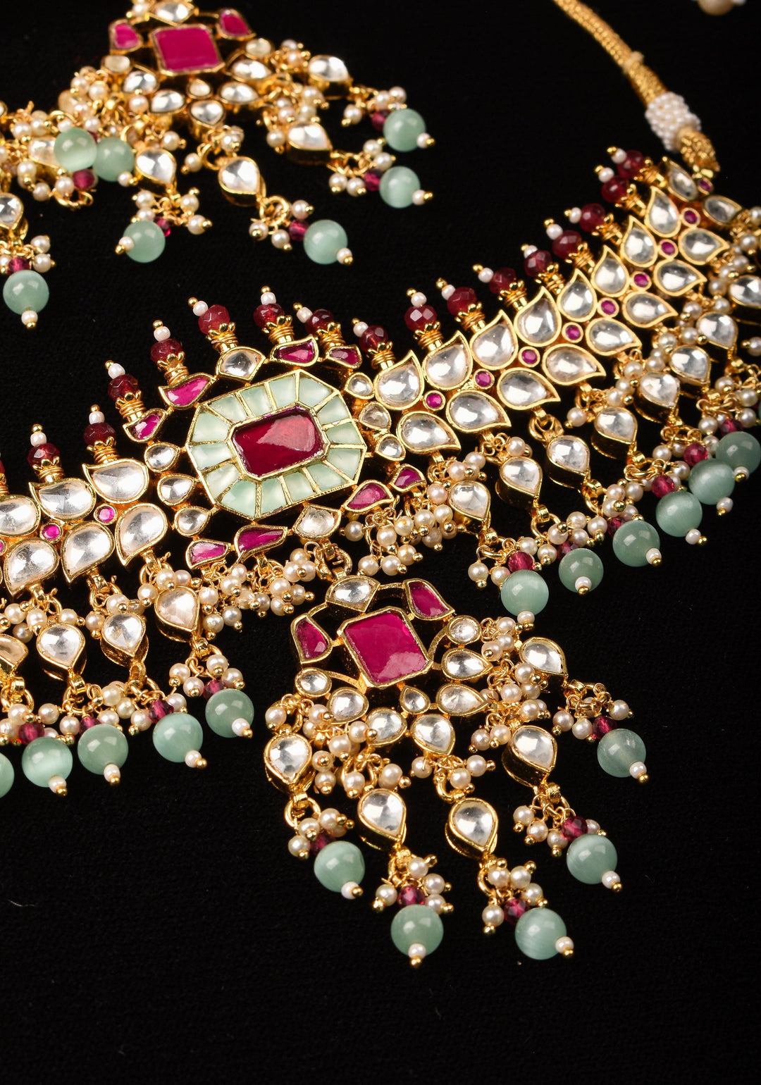 Ahmedabad's Radiance: Jadau Leaf units Design Necklace Set with Dangling beads| Shobitam Jewelry