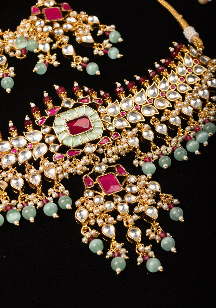Ahmedabad's Radiance: Jadau Leaf units Design Necklace Set with Dangling beads| Shobitam Jewelry