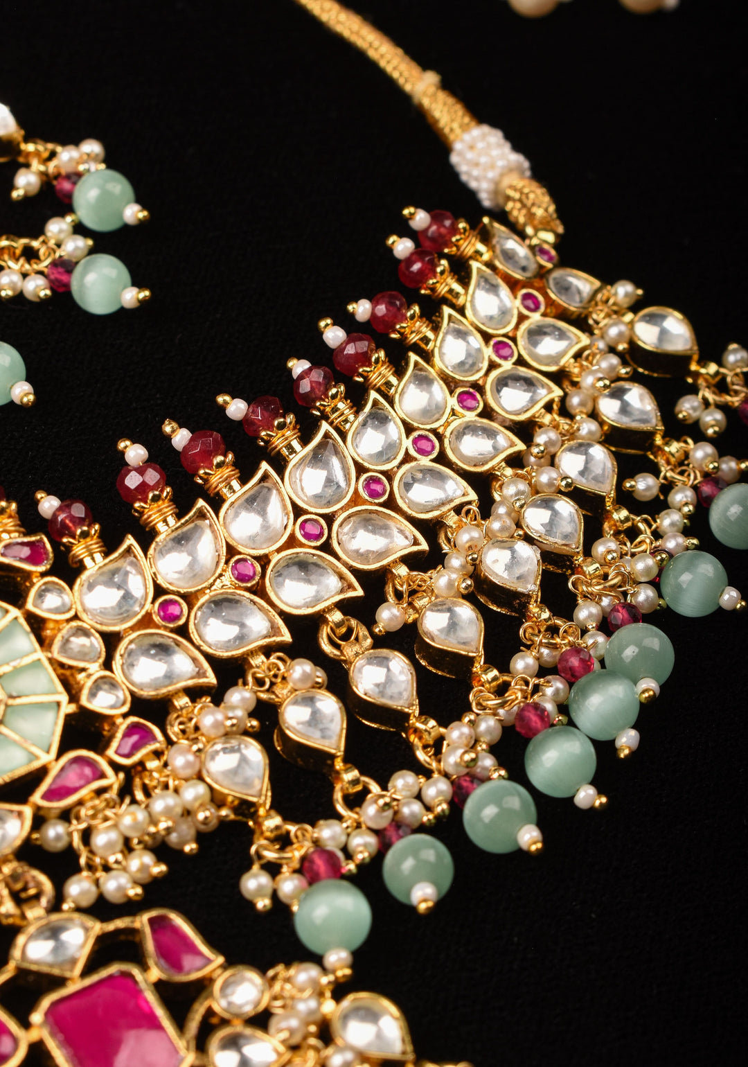 Ahmedabad's Radiance: Jadau Leaf units Design Necklace Set with Dangling beads| Shobitam Jewelry