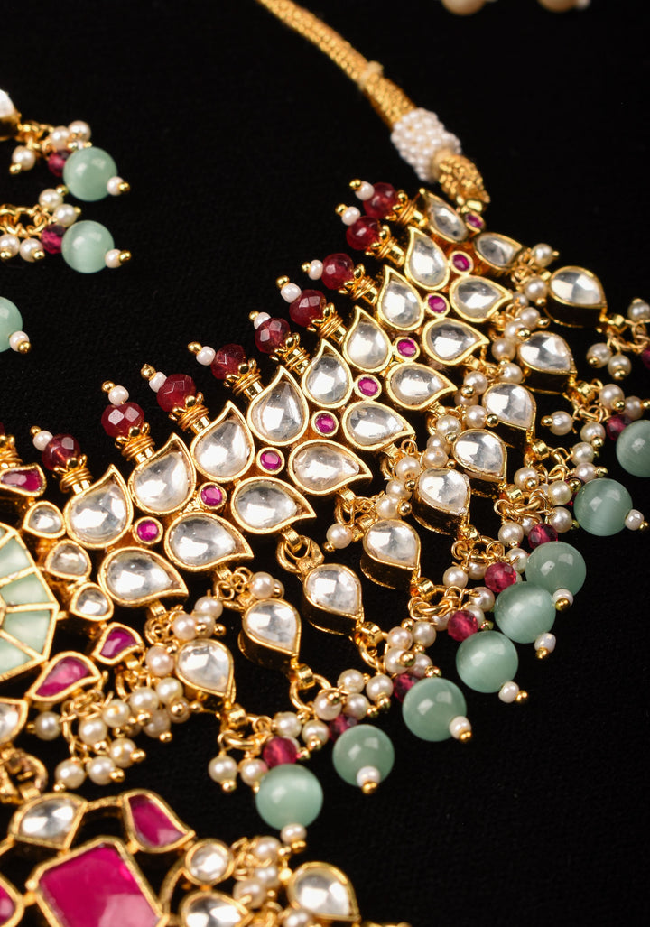 Ahmedabad's Radiance: Jadau Leaf units Design Necklace Set with Dangling beads| Shobitam Jewelry
