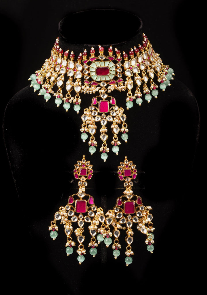 Ahmedabad's Radiance: Jadau Leaf units Design Necklace Set with Dangling beads| Shobitam Jewelry