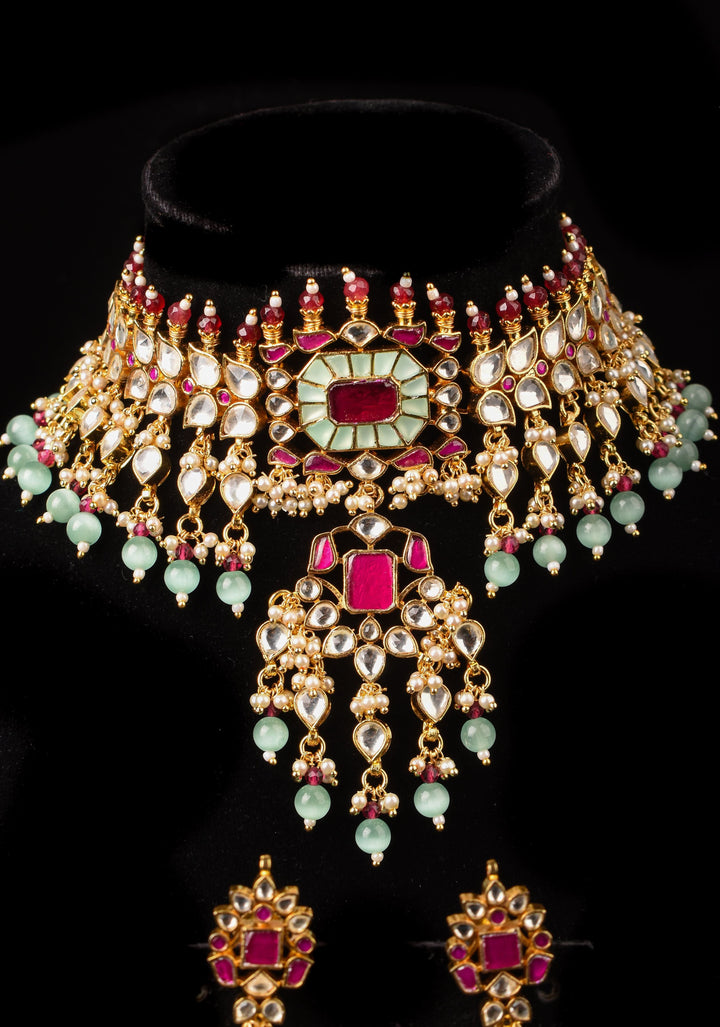 Ahmedabad's Radiance: Jadau Leaf units Design Necklace Set with Dangling beads| Shobitam Jewelry