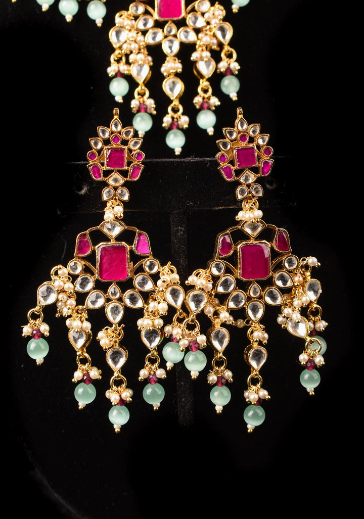 Ahmedabad's Radiance: Jadau Leaf units Design Necklace Set with Dangling beads| Shobitam Jewelry
