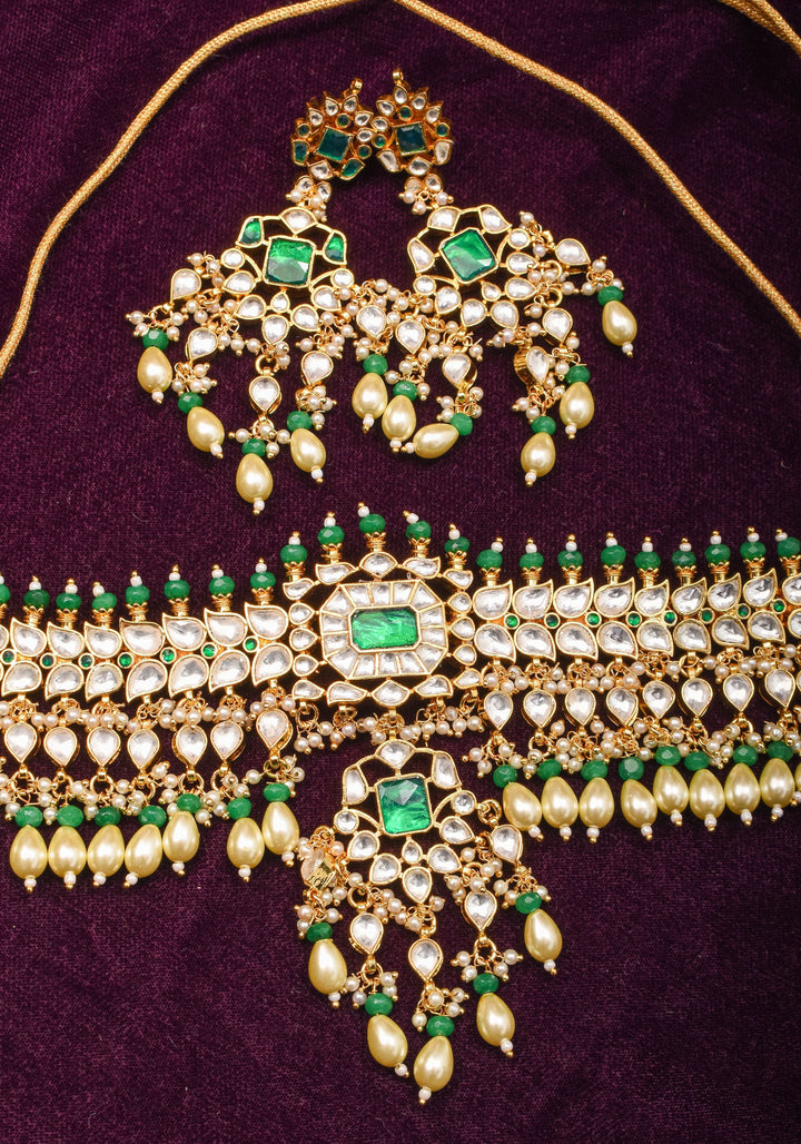 Jadau Leaf units Design Necklace Set with Dangling beads | Shobitam Jewelry