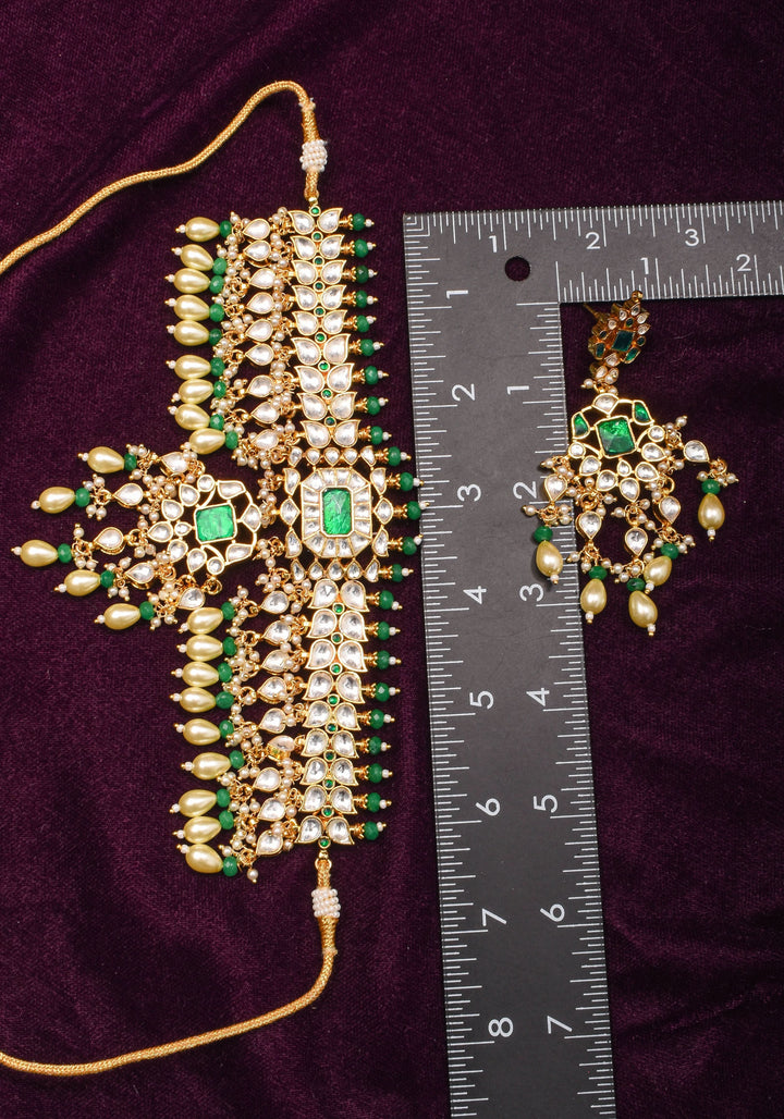 Jadau Leaf units Design Necklace Set with Dangling beads | Shobitam Jewelry