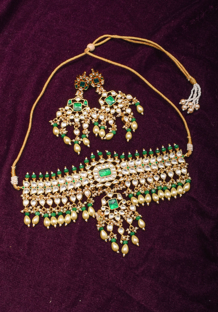 Jadau Leaf units Design Necklace Set with Dangling beads | Shobitam Jewelry