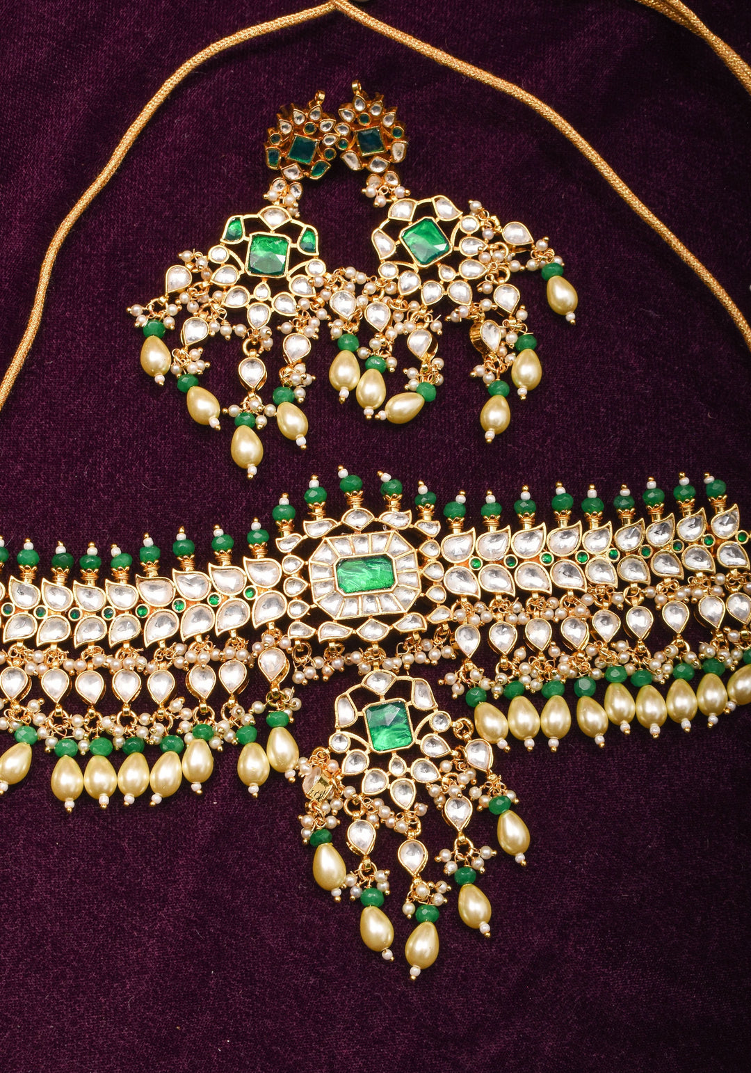 Jadau Leaf units Design Necklace Set with Dangling beads | Shobitam Jewelry