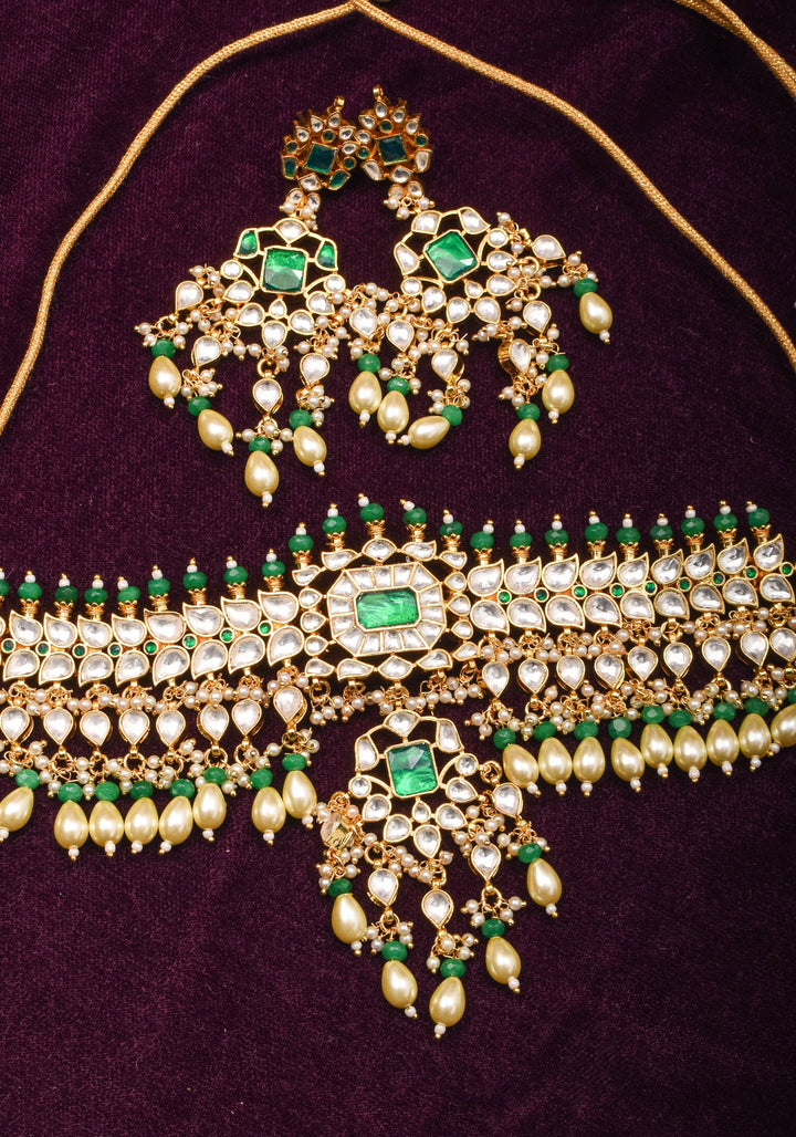 Jadau Leaf units Design Necklace Set with Dangling beads | Shobitam Jewelry