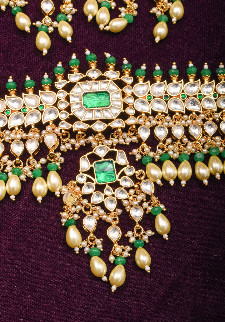 Jadau Leaf units Design Necklace Set with Dangling beads | Shobitam Jewelry