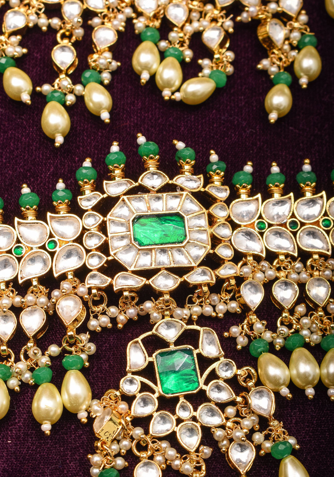 Jadau Leaf units Design Necklace Set with Dangling beads | Shobitam Jewelry