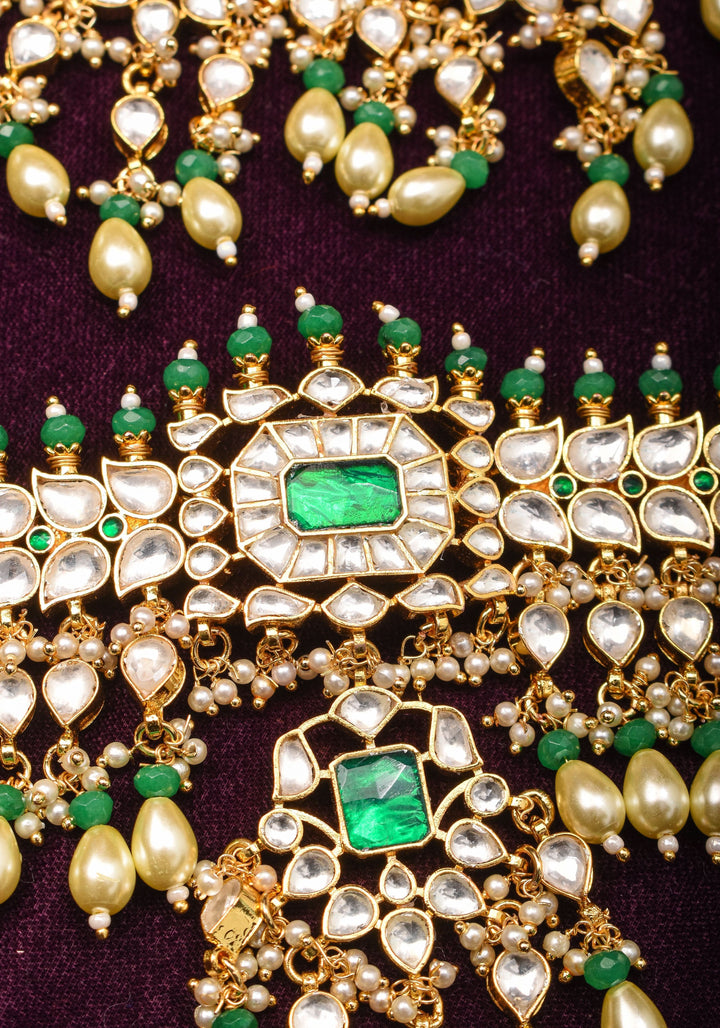 Jadau Leaf units Design Necklace Set with Dangling beads | Shobitam Jewelry
