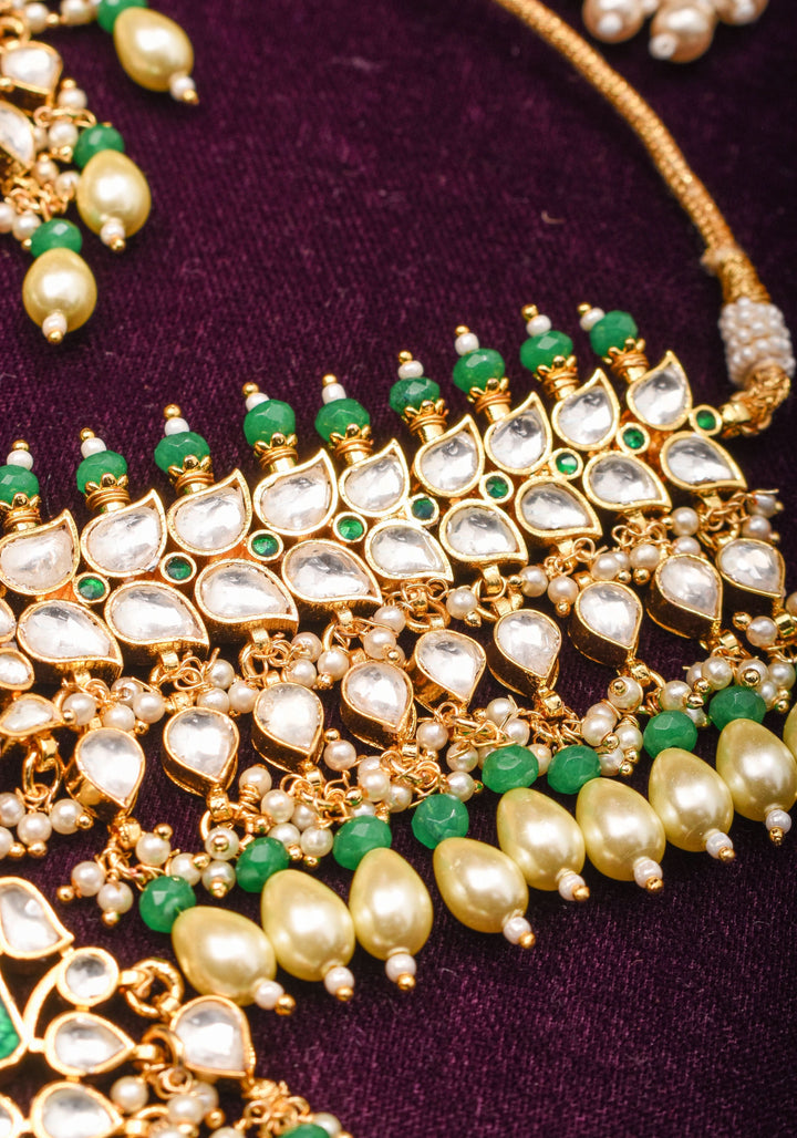 Jadau Leaf units Design Necklace Set with Dangling beads | Shobitam Jewelry