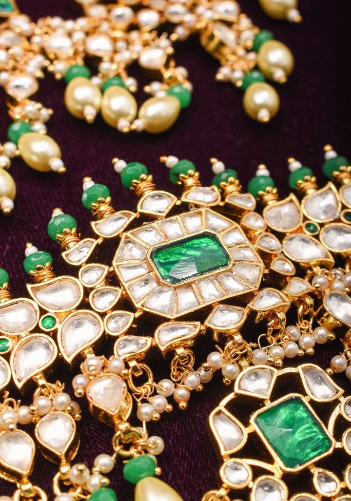 Jadau Leaf units Design Necklace Set with Dangling beads | Shobitam Jewelry