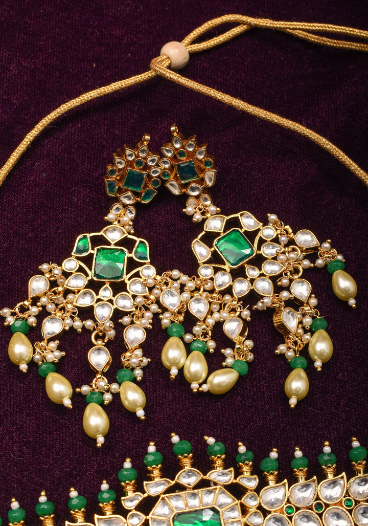 Jadau Leaf units Design Necklace Set with Dangling beads | Shobitam Jewelry