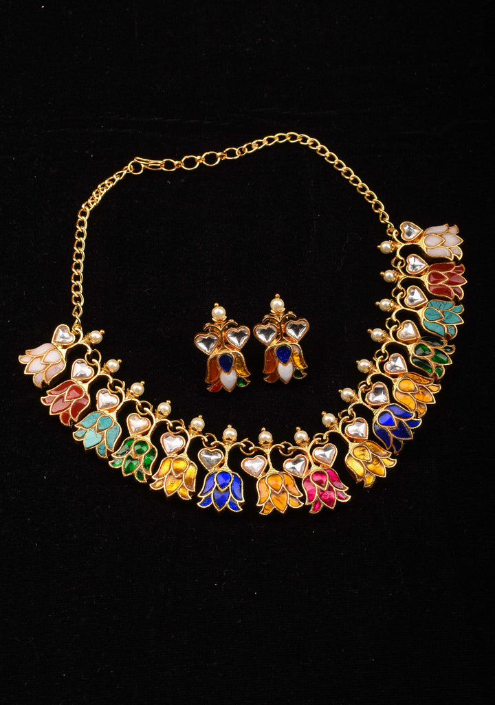 Navratna Falling Lotus Design Jadau Necklace Set