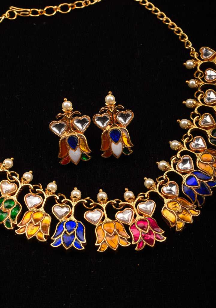 Navratna Falling Lotus Design Jadau Necklace Set