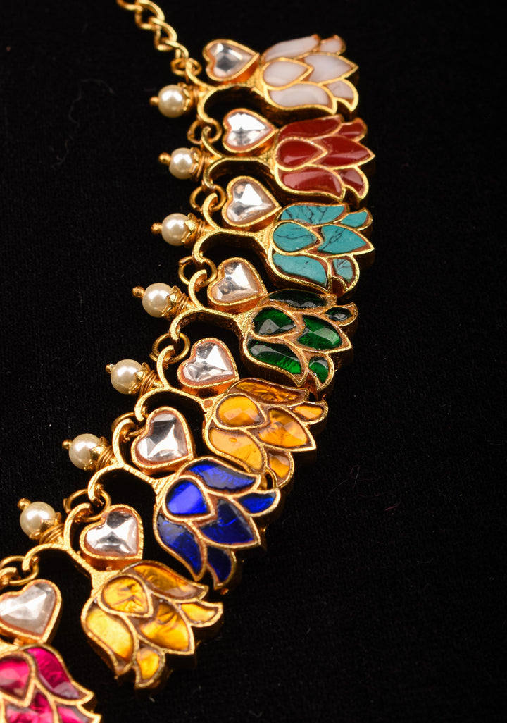 Navratna Falling Lotus Design Jadau Necklace Set