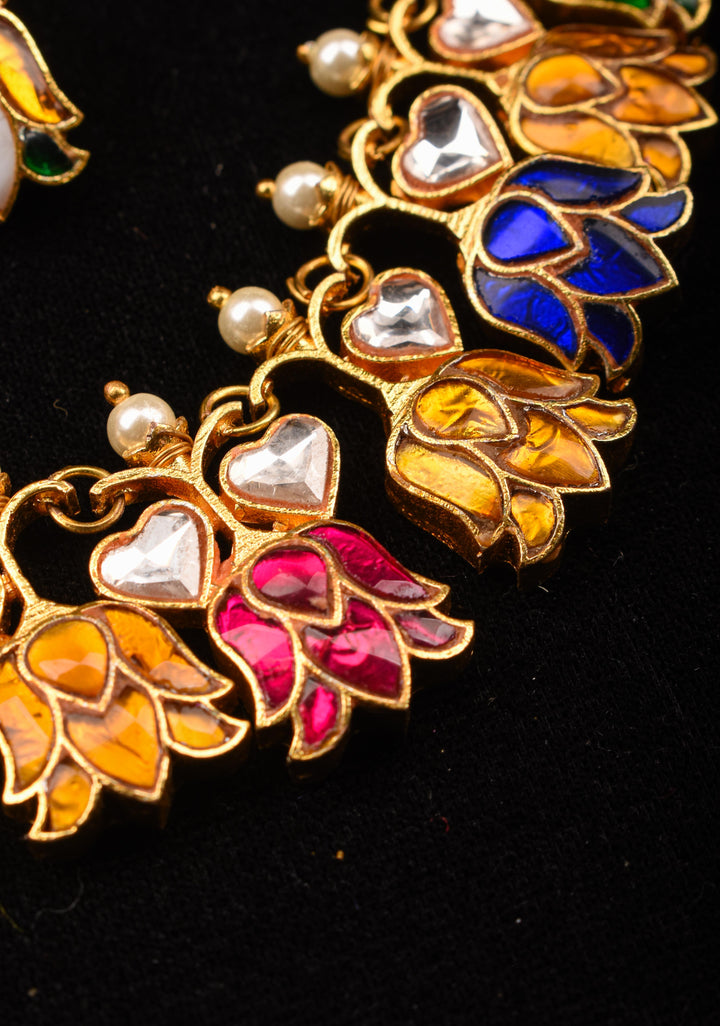 Navratna Falling Lotus Design Jadau Necklace Set