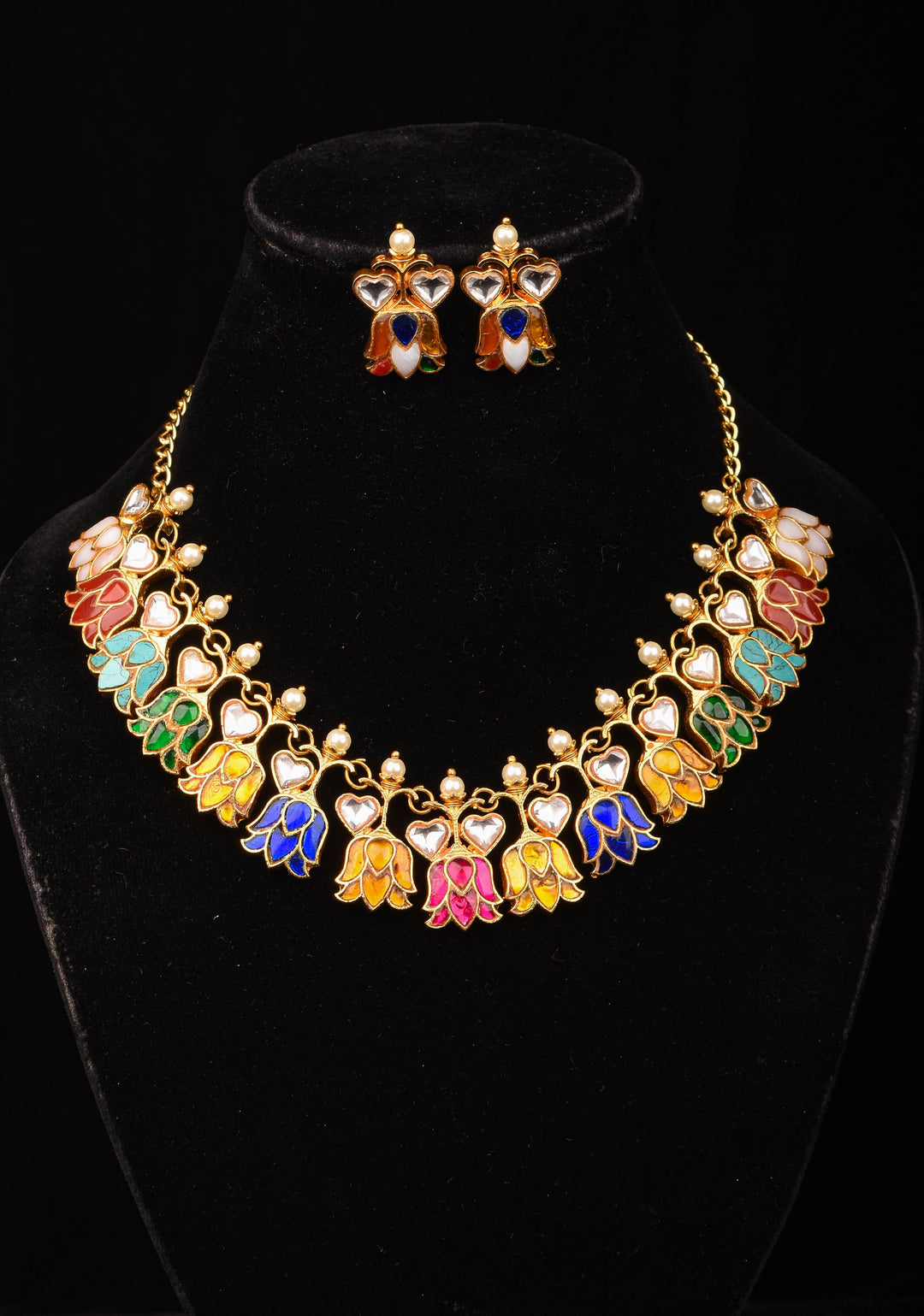 Navratna Falling Lotus Design Jadau Necklace Set