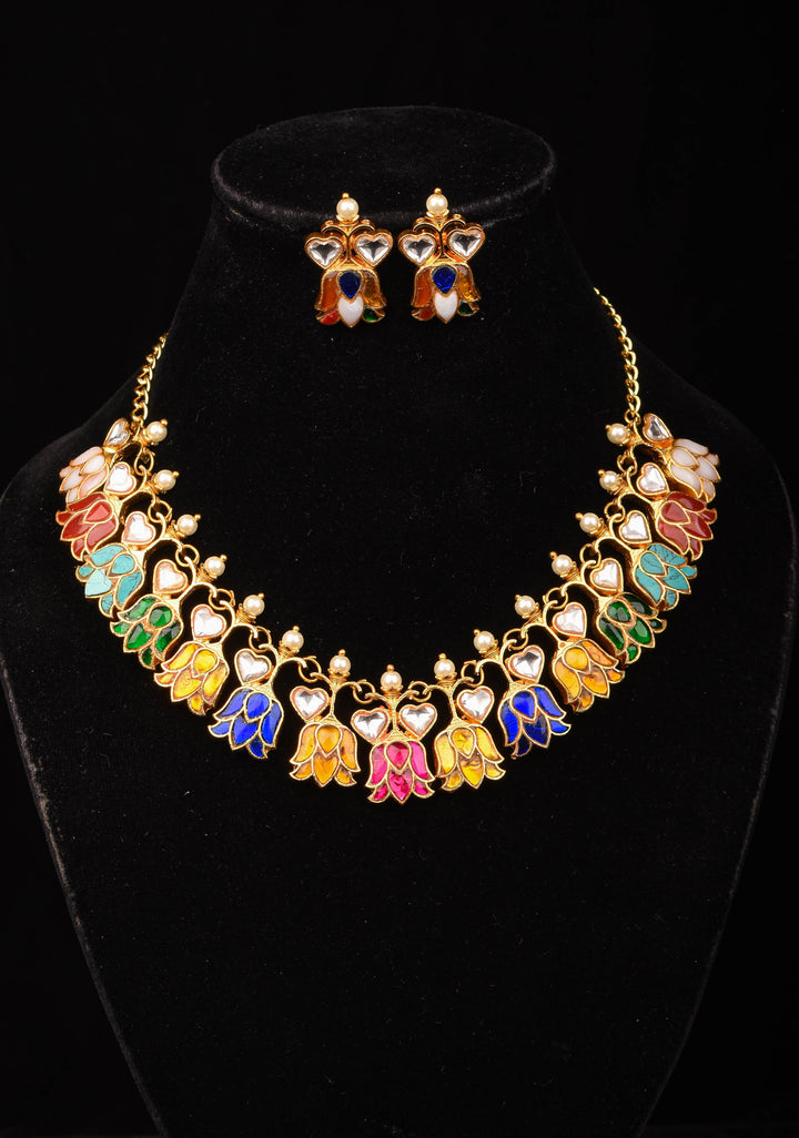 Navratna Falling Lotus Design Jadau Necklace Set