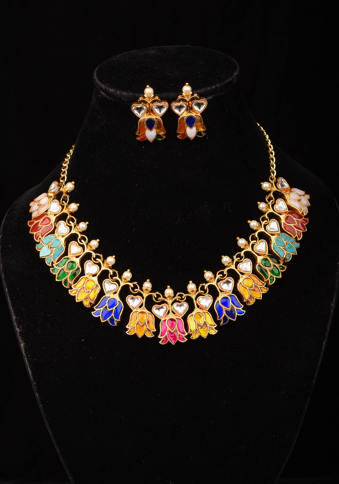 Navratna Falling Lotus Design Jadau Necklace Set