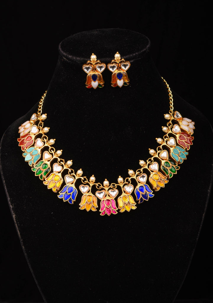 Navratna Falling Lotus Design Jadau Necklace Set