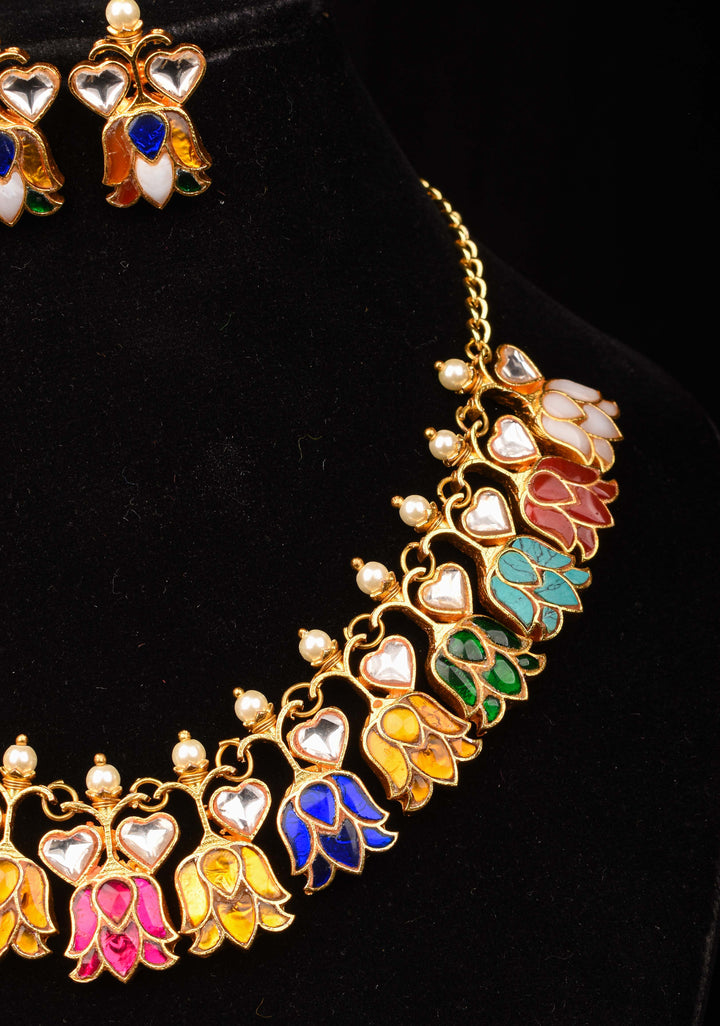 Navratna Falling Lotus Design Jadau Necklace Set