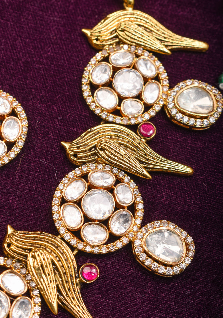 Moissanite Mandalas and Flying Sparrows - Exquisite Dull Gold Tone Necklace and earrings set