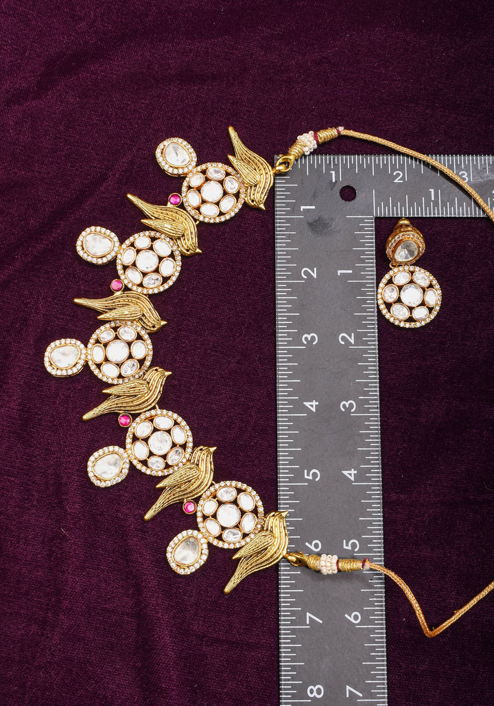 Moissanite Mandalas and Flying Sparrows - Exquisite Dull Gold Tone Necklace and earrings set