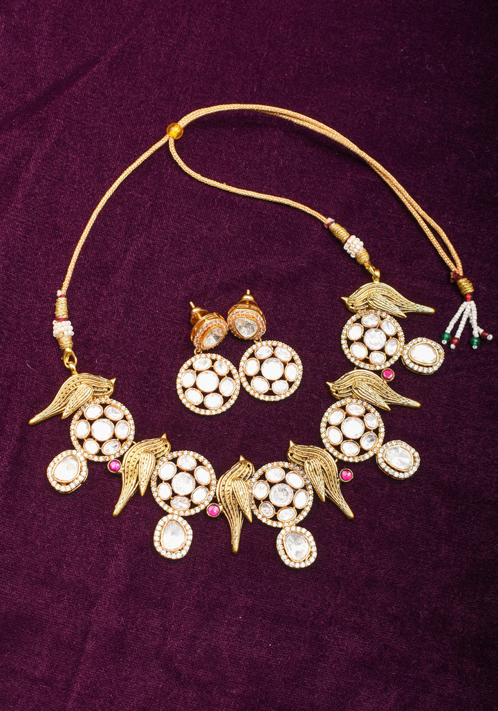 Moissanite Mandalas and Flying Sparrows - Exquisite Dull Gold Tone Necklace and earrings set