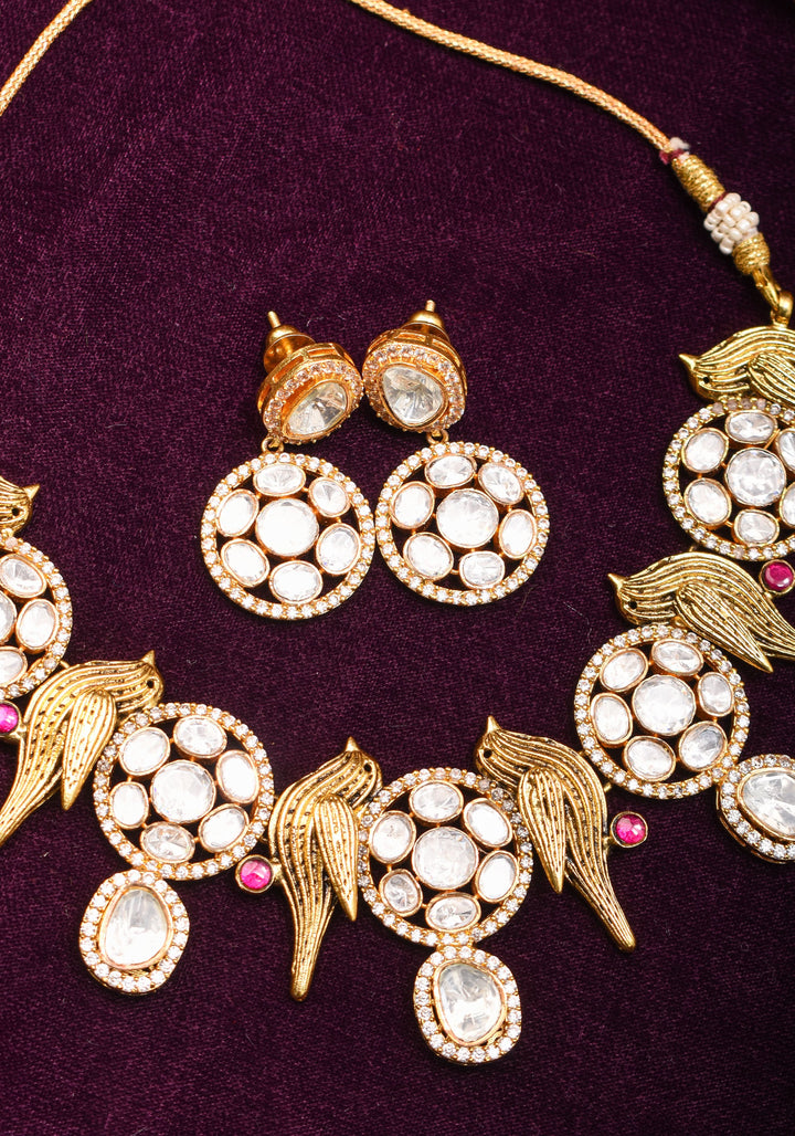 Moissanite Mandalas and Flying Sparrows - Exquisite Dull Gold Tone Necklace and earrings set