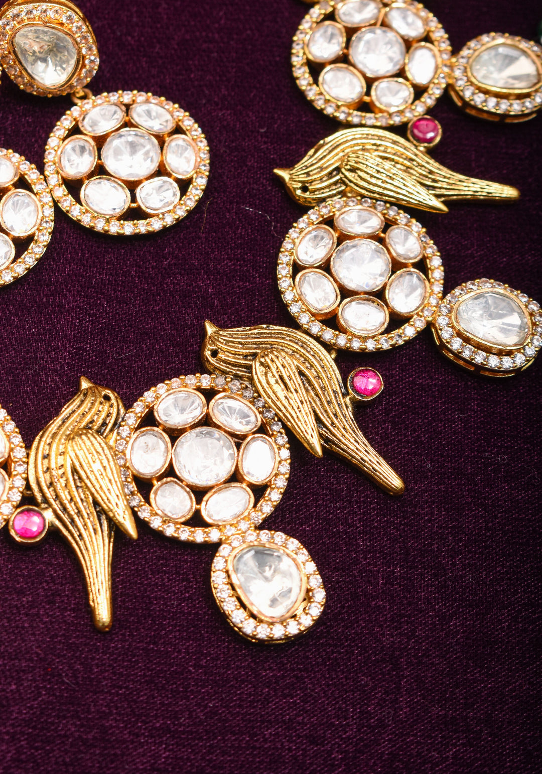 Moissanite Mandalas and Flying Sparrows - Exquisite Dull Gold Tone Necklace and earrings set